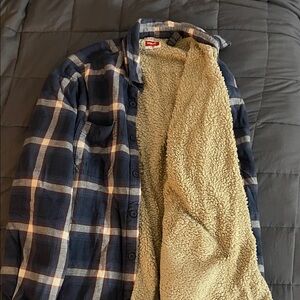 Wrangler Navy and Cream Plaid Sherpa-Lined Shirt Jacket